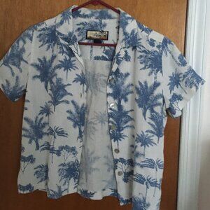Havana Jack's Cafe 100% Linen Short Sleeve Shirt White w Blue Palm Trees Size PS